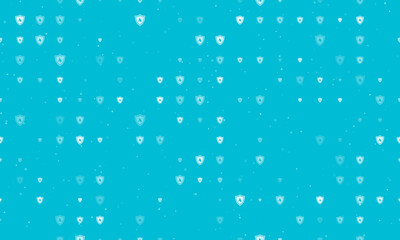Seamless background pattern of evenly spaced white fire protection symbols of different sizes and opacity. Vector illustration on cyan background with stars