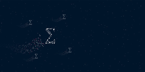Fototapeta na wymiar A sigma symbol filled with dots flies through the stars leaving a trail behind. Four small symbols around. Empty space for text on the right. Vector illustration on dark blue background with stars