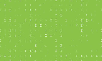 Seamless background pattern of evenly spaced white sigma symbols of different sizes and opacity. Vector illustration on light green background with stars