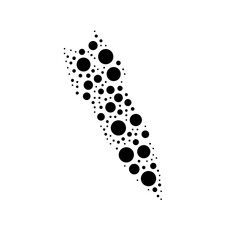 A large falling rocket symbol in the center made in pointillism style. The center symbol is filled with black circles of various sizes. Vector illustration on white background