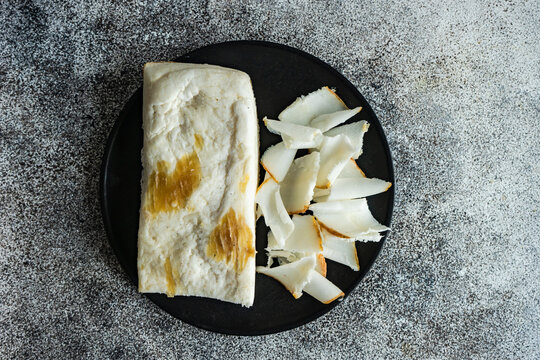 Overhead view of a plate of traditional Ukrainian cured pork fat (salo)
