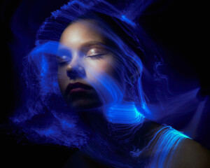 lightpainting portrait, new art direction, , light drawing at long exposure	