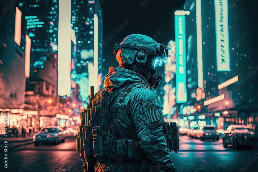 Wall mural a special force soldier in uniform standing in a tokyo style neon city at night, cyberpunk style - Wall murals