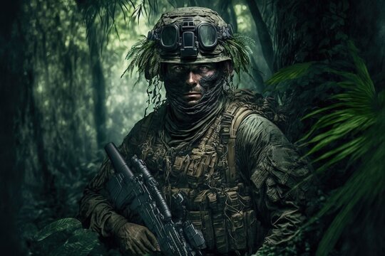 A Soldier in uniform standing in a green jungle with a weapon in his hands