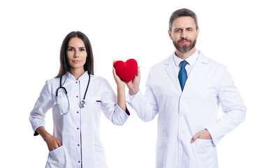 cardiologist doctors with heart isolated on white. cardiologist show heart donation in studio.