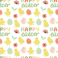 Cute Easter seamless vector  pattern with chickens,flowers,decorated eggs on a white background. Festive spring endless ornament.
