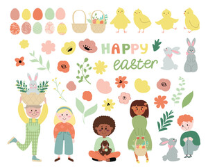 Happy Easter vector set.Collection of cute characters and spring decor isolated on a white background. Children boys and girls celebrate Easter.