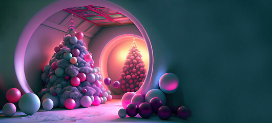 Christmas card on a psychedelic art style made of marshmallow confectionery in pastel tones. Generative AI.