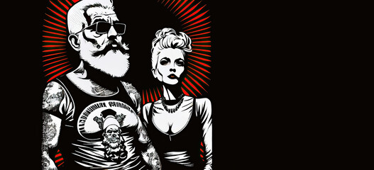Christmas Santa Claus and Mrs. Claus in a Punk Rock style. Generative AI