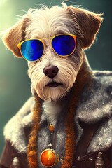 detailed matte painting stylized three quarters portrait of an anthropomorphic rugged happy dog