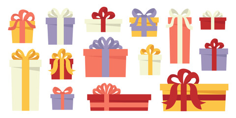 Set of colorful wrapped gift boxes. Christmas gift box with an overpowering bow. Different shapes and sizes of party gifts with ribbon. Birthday presents for postcard, greeting card. Flat Vector.