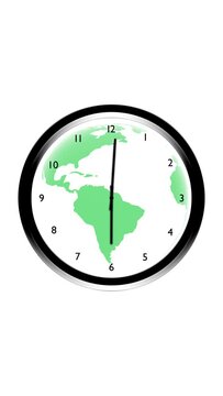 Wall clock and green earth globe rotation on white isolated vertical background. Seamless looping animation. Concept ecology and environment background.