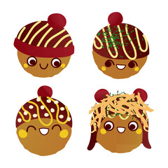 Takoyaki characters in hats vector illustration isolated on white background. Four takoyaki balls with different emotions and toppings. Clip art elements