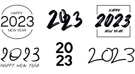 Collection of 2023 Happy New Year symbols. Vector illustration with black labels isolated on white background.