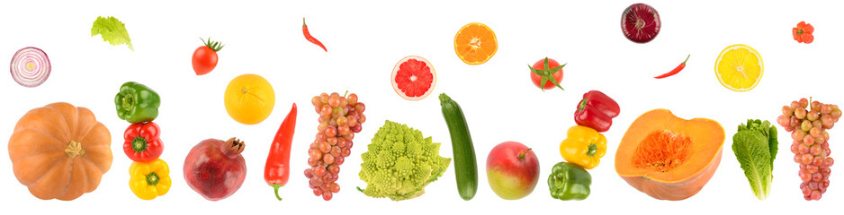 Falling fresh vegetables and fruits isolated on white