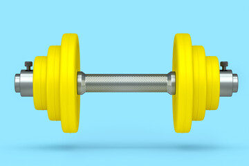 Fototapeta na wymiar Metal dumbbell with yellow disks isolated on blue background