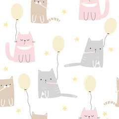 Funny cats with balloons seamless pattern. Party pastel print. Vector hand drawn illustration. - 551624781