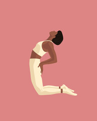 Fototapeta na wymiar Afro american black girl doing yoga pilates gymnastics sport in milk white suit in faceless style on pale pink background for banners 