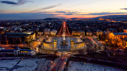 Fototapeta na wymiar Europe, Hungary, Budapest The famous square in Budapest the Heroes Square, located Pest side center of Budapest at night from drone view