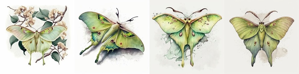 4 Pack. Isolated Digital Watercolor Images of a Green Luna Moth. [Digital Art Painting, Sci-Fi / Fantasy / Horror Background, Graphic Novel, Postcard, or Product Image] - obrazy, fototapety, plakaty