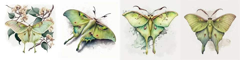 Washable wall murals Butterflies in Grunge 4 Pack. Isolated Digital Watercolor Images of a Green Luna Moth. [Digital Art Painting, Sci-Fi / Fantasy / Horror Background, Graphic Novel, Postcard, or Product Image]