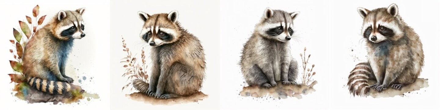 4 Pack. Isolated Digital Watercolor Images of a Cute Raccoon. [Digital Art Painting, Sci-Fi / Fantasy / Horror Background, Graphic Novel, Postcard, or Product Image]