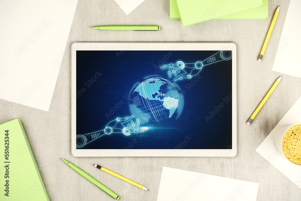 Fototapete creative concept of robotics technology with globe sketch on modern digital tablet screen. robot dev
