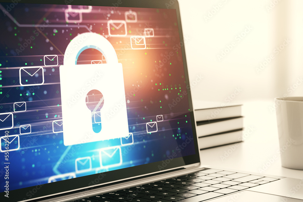 Poster Creative light lock illustration with postal envelopes on modern computer monitor, cyber security and email protection concept. 3D Rendering