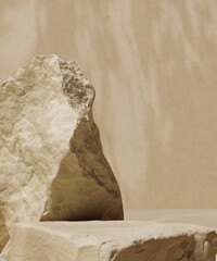 Product display, object placement mockup, Stone slab podium and leaves shadows in empty room, 3d rendering background