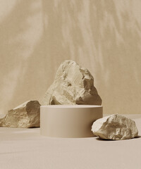 Cosmetic product display background. Podium stone and leaves shadows on the wall in pastel beige color empty room 3d rendering abstract scene.