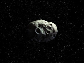 Rocky asteroid with impact craters isolated on a dark background. The space rock is approaching Earth. observation of celestial bodies. © Nazarii