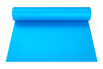 Blue yoga mat or lightweight foam camping bed roll pad isolated on white.