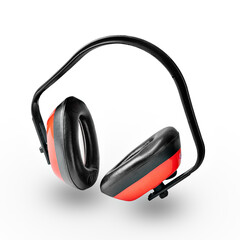 Red earmuffs on a white background. Individual protection means. Anti-noise headphones. Earmuffs prevent loud noise from the safety of working construction equipment.