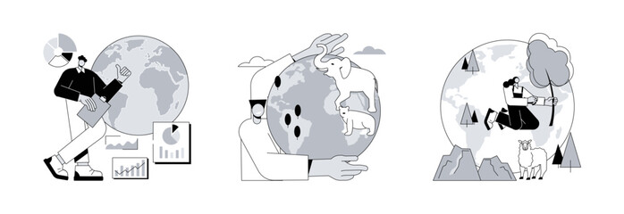 Earth observation abstract concept vector illustration set. Environment data analytics, wild animals protection, lands conservation, national park, wild forest, natural landscape abstract metaphor.