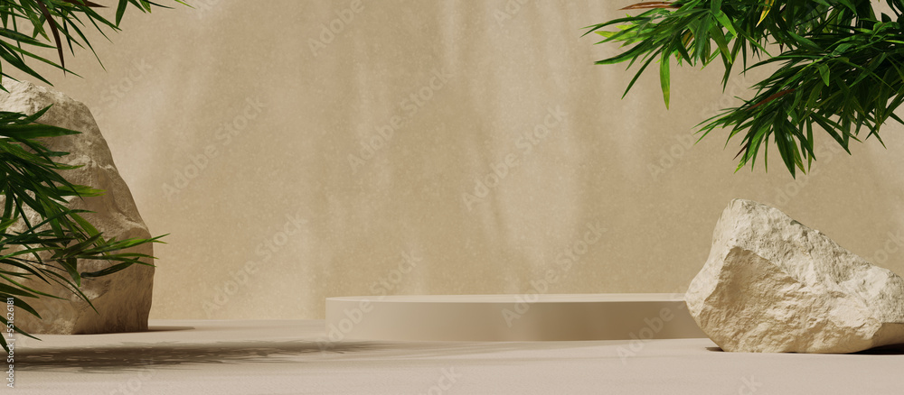 Sticker beige rounded podium product presentation, minimal scene with tropical leaves and stones for product