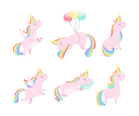 Cute Pink Unicorn with Twisted Horn and Rainbow Mane Vector Set