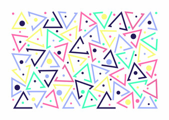 Colorful pattern. Dots, circles and stylized triangles. Fun colorful line doodle shape background. Abstract print.