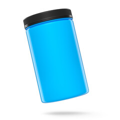 Blue plastic jar for sport nutrition whey protein powder isolated on white