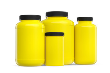 Set of yellow plastic jar for sport nutrition protein powder isolated on white