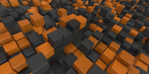 Group of floating cubes. Dark abstract geometric background in orange and black colors. 3d render