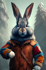 Obraz na płótnie Canvas highly detailed matte painting stylized three quarters portrait of an anthropomorphic rugged happy rabbit