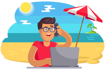 Fototapeta premium Male character on ocean beach shore. Businessman tourist working during summer vacation. Multitasking, owerworking and freelance concept. Freelancer with computer and smartphone at beach resort