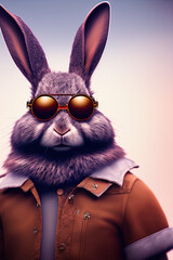  highly detailed matte painting stylized three quarters portrait of an anthropomorphic rugged happy rabbit