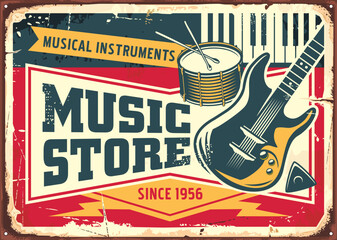 Music store retro sign post with electric guitar, drums and piano keyboards vector illustration. Vintage graphic with various musical instruments and equipment.