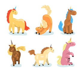 Cute Unicorn with Horn and Colorful Mane in Different Pose Vector Set