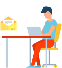 Businessman working on his laptop in office and receiving or sending email, communicating with clients. Business technology, email concept. Electronic message, man with computer and envelope