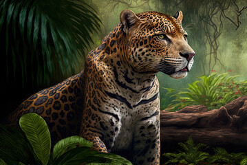 Wild jaguar in its natural environment, the South American rainforest Generative AI