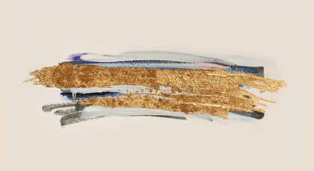 Art Abstract gold painting smear brushstroke blot on beige horizontal background.