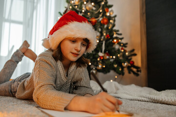 New Year's and Christmas. A teenage girl in a santa claus hat writes a letter to Santa Claus next to a decorated Christmas tree in garlands and lights