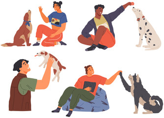 Set of pet owners with dogs. Collection of people playing, feeding, hugging, cuddling with animal friends. Men and women spend time with pets. Happy characters with cute house animals, puppies